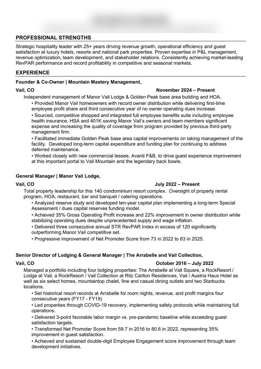Blurred sample senior leadership cv for a hospitality & resort leadership client
