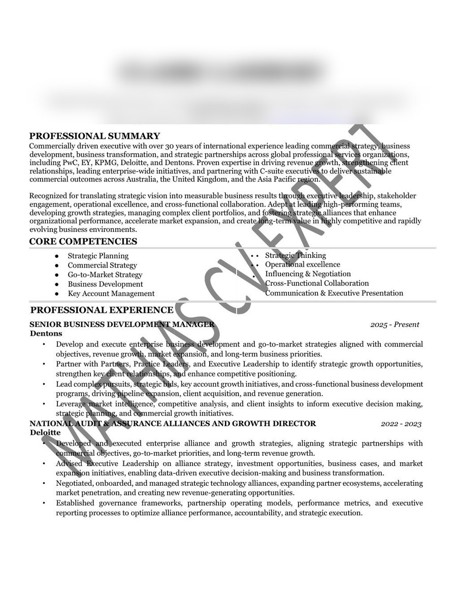 Blurred sample executive résumé for a executive strategy & operations client