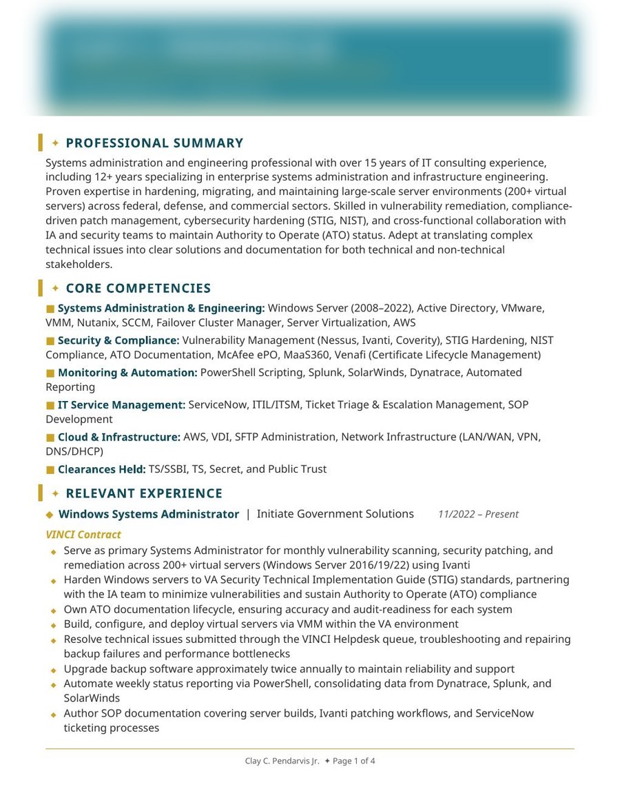 Blurred sample technical résumé for a systems administration & engineering client